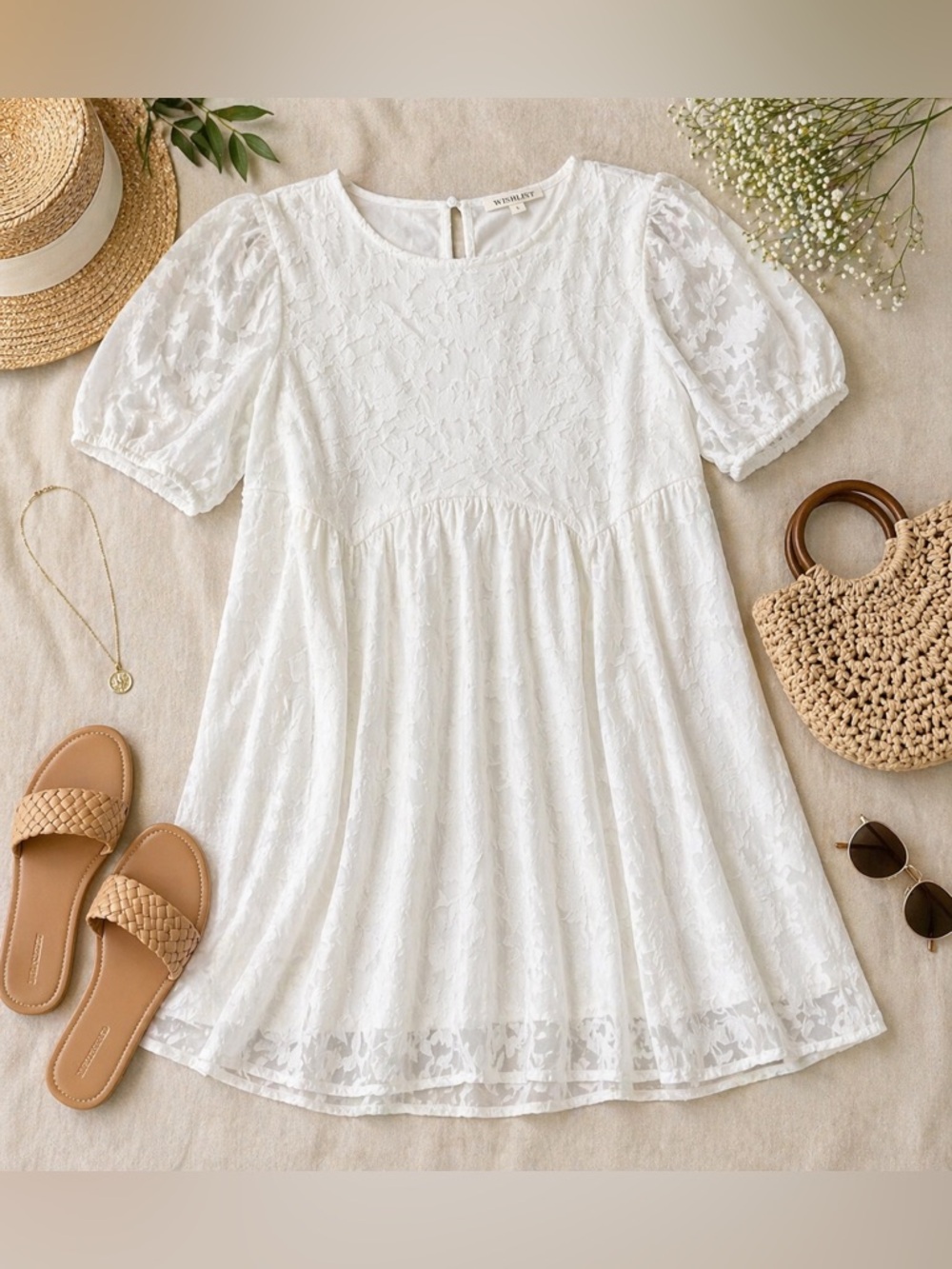 Wishlist White Lace Babydoll Dress | Puff Sleeve Cottagecore Mini Size L